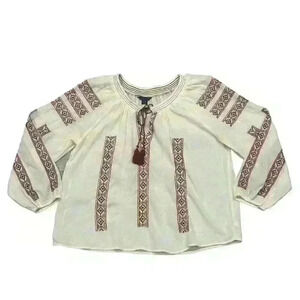 American Eagle Outfitters Embroidered Long Sleeve Blouse Ivory Tie Boho Chic M